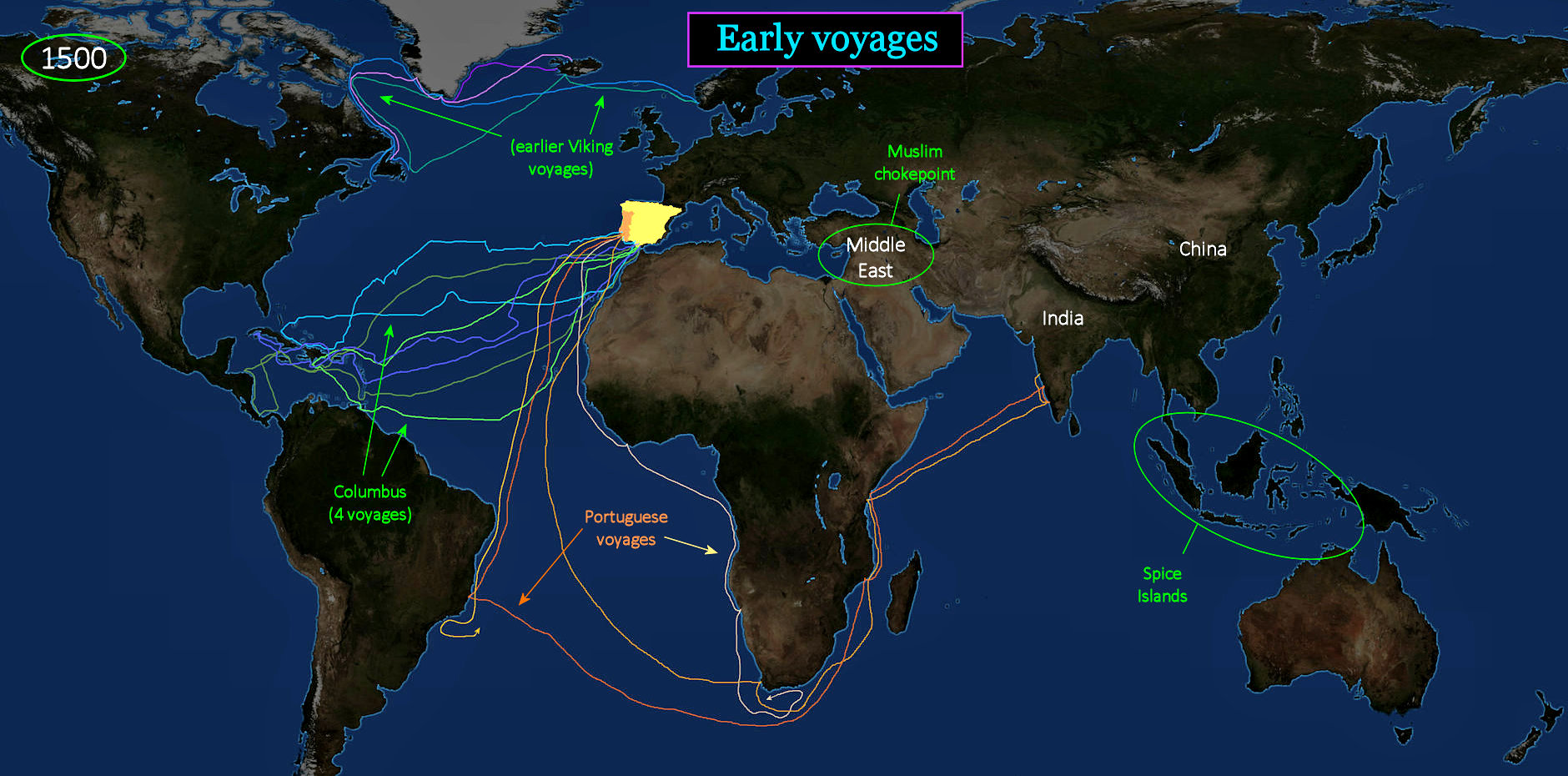 Oceanic voyages, 1500s map